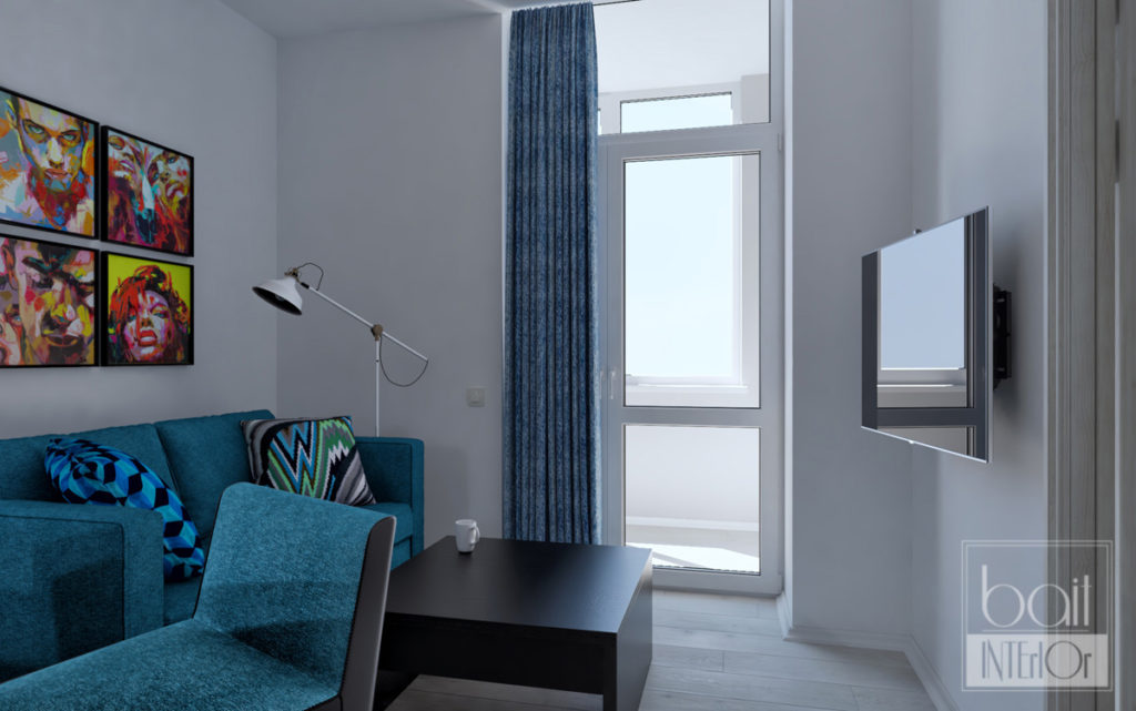 дизайн интерьера кухни с синим диваном, минимализм