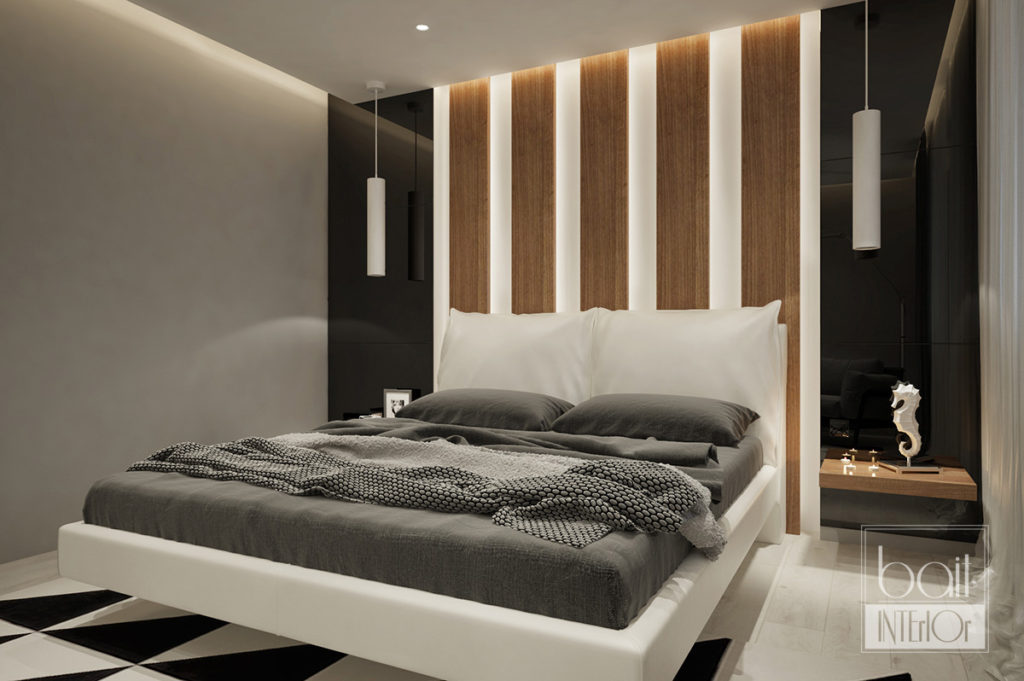 дизайн интерьера спальни в стиле минимализм с черными элементами