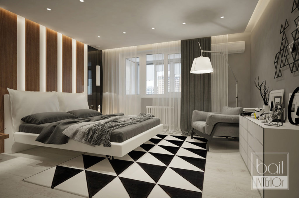дизайн интерьера спальни в стиле минимализм с черными элементами