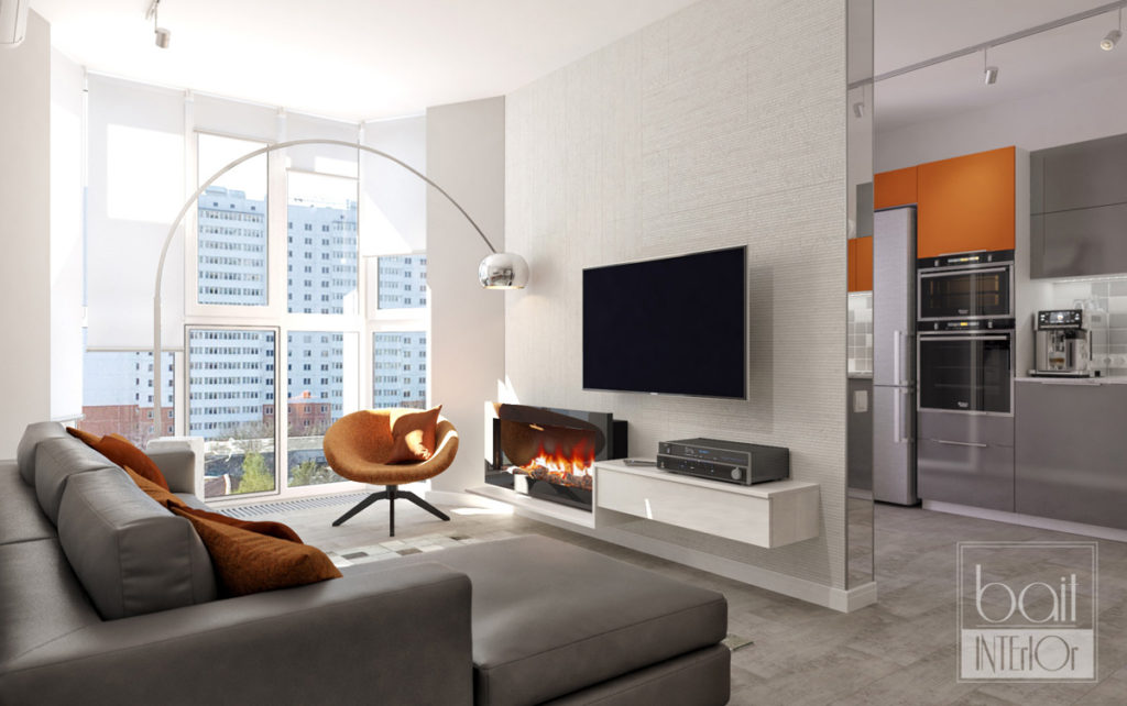 дизайн интерьера гостиной в стиле минимализм с оранжевыми акцентами