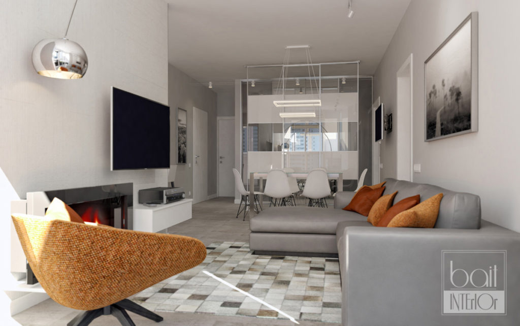 дизайн интерьера гостиной в стиле минимализм с оранжевыми акцентами
