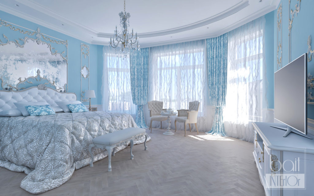 дизайн интерьера синей спальни в классическом стиле
