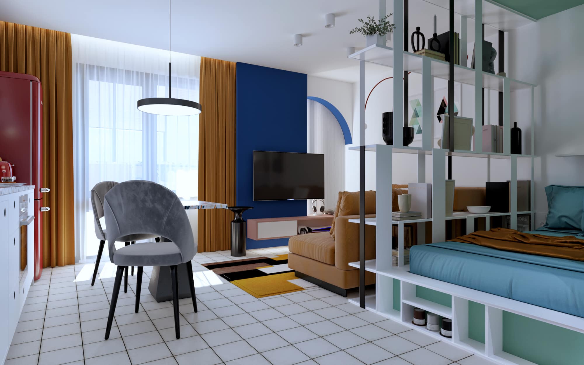 интерьер яркой квартиры-студии в стиле мемфис - зона гостиной