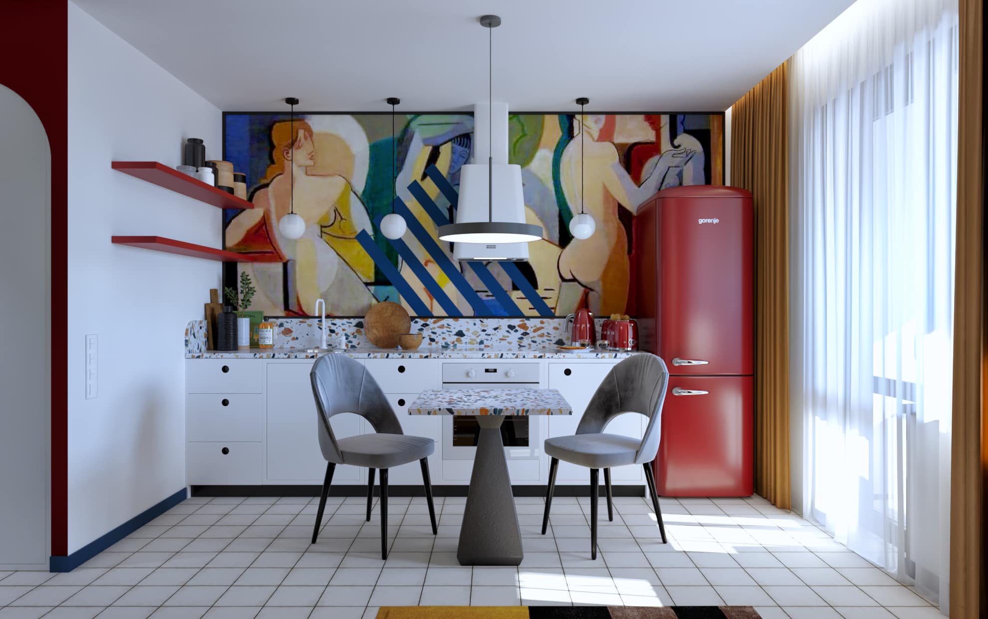 интерьер яркой квартиры-студии в стиле мемфис - кухня