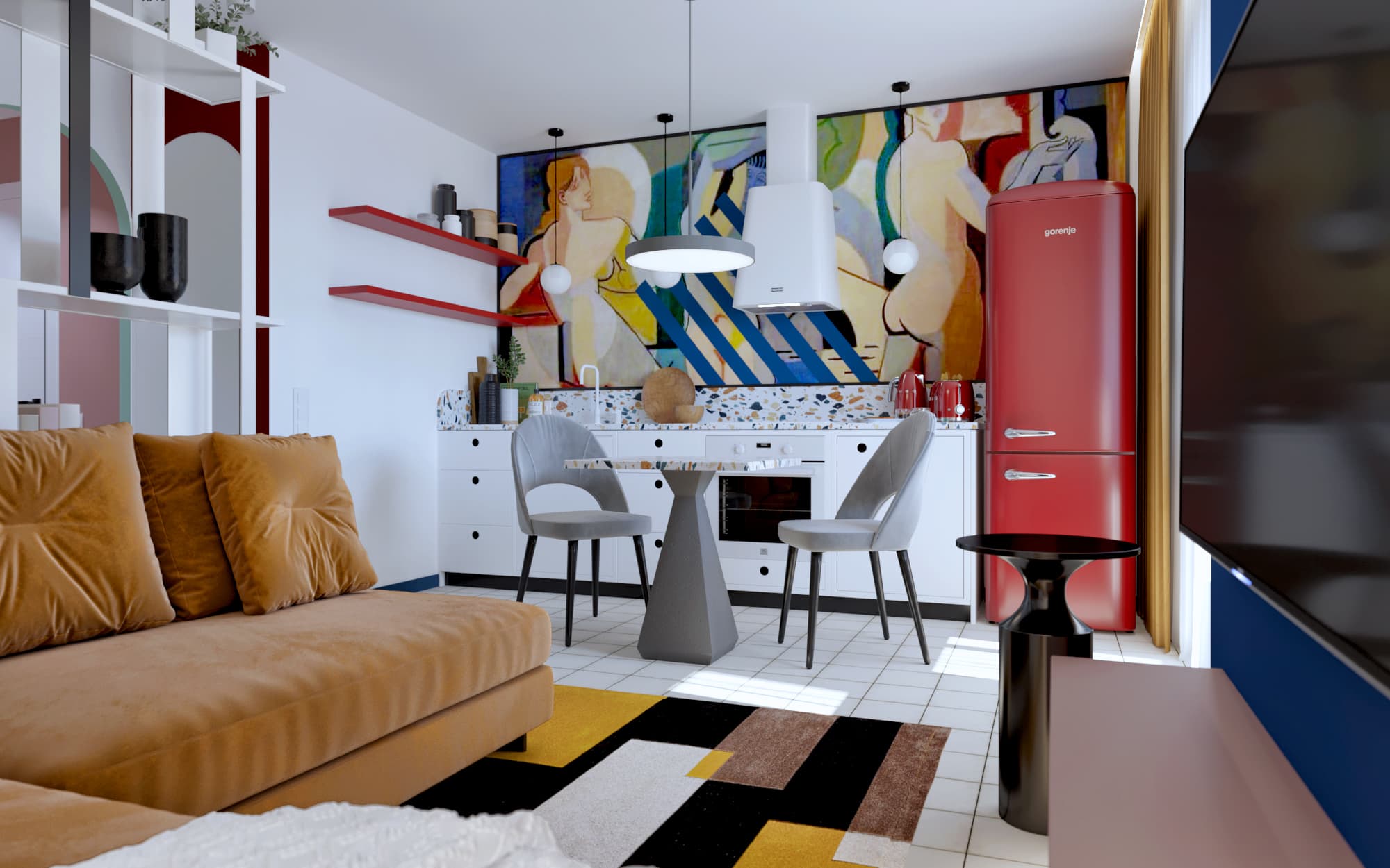 интерьер яркой квартиры-студии в стиле мемфис - кухня